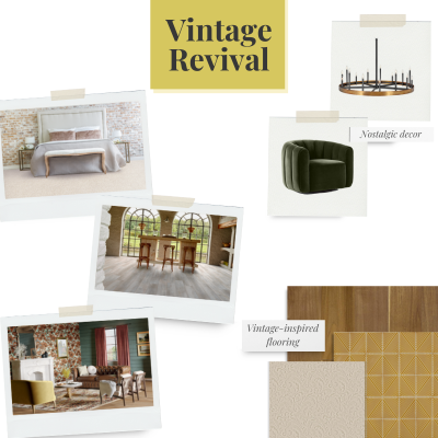 vintage interior design mood board with room scenes and flooring and decor ideas.